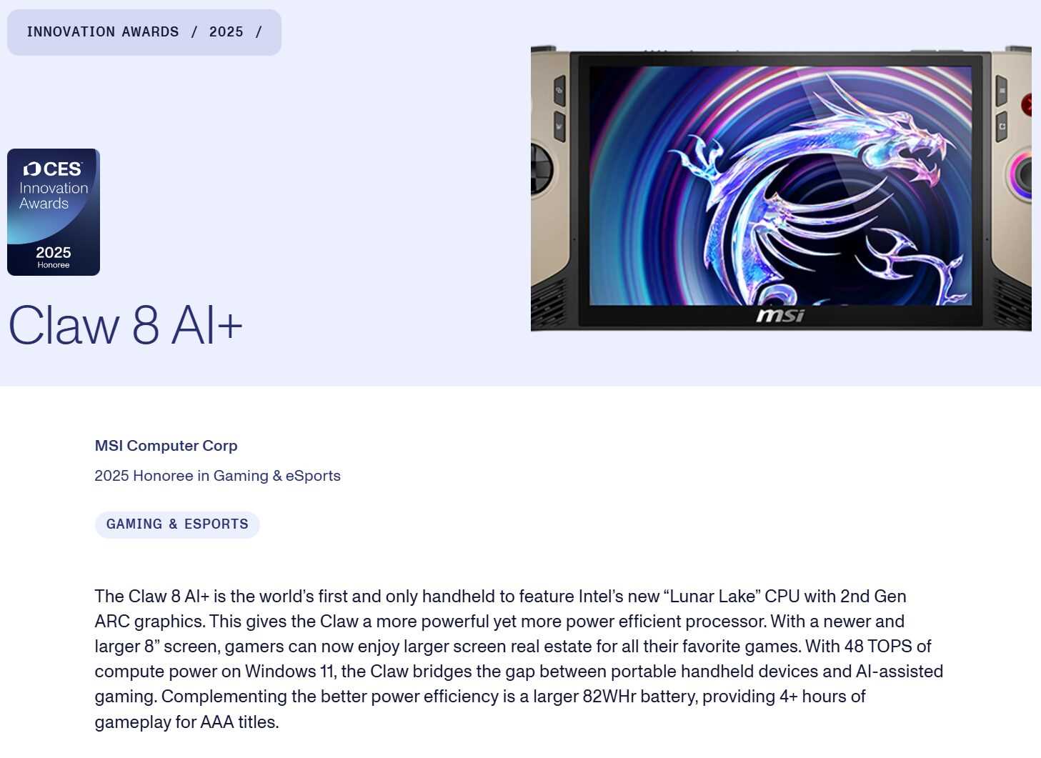 MSI Claw 8 AI plus